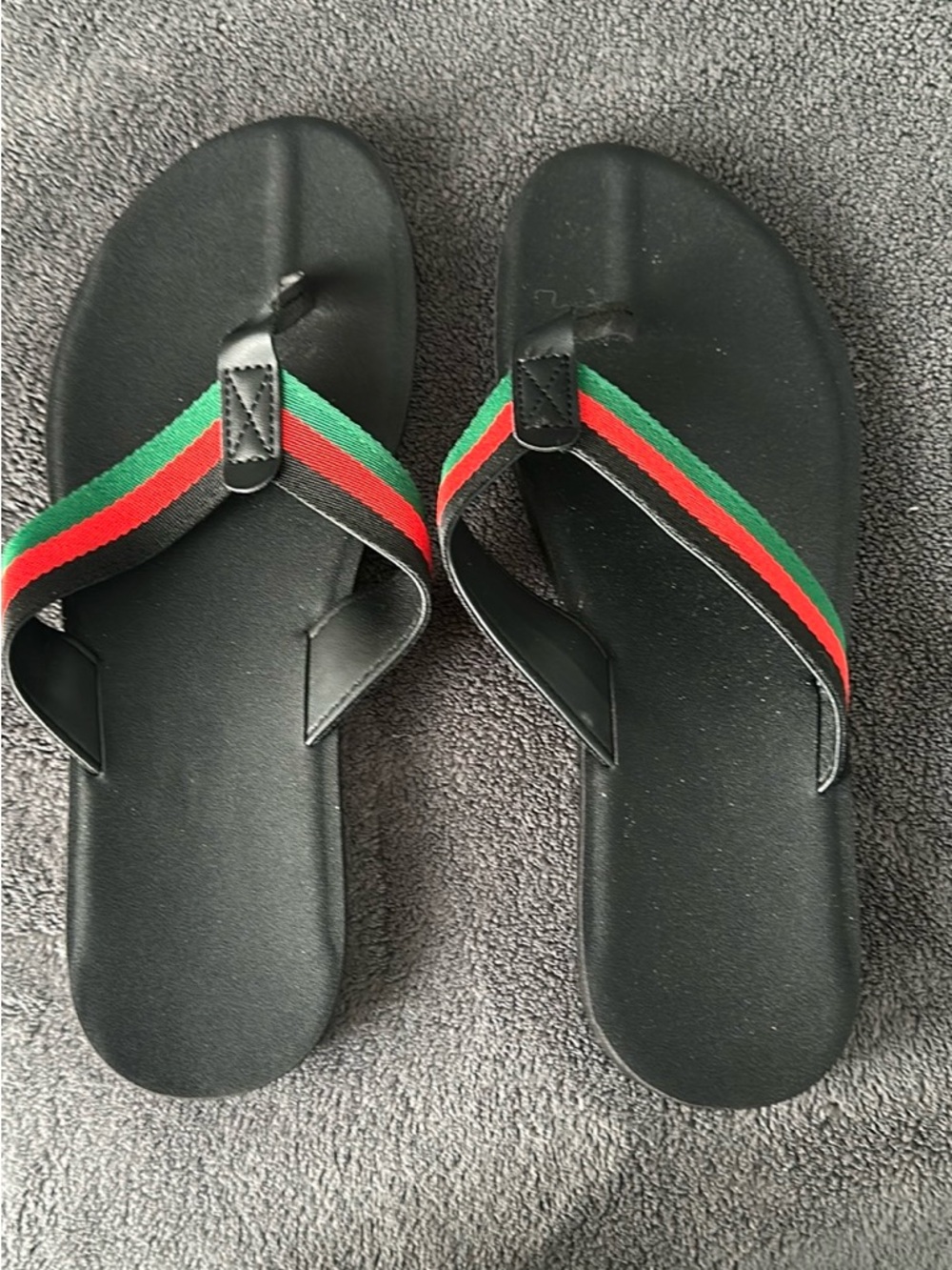 Black Flip Flop Sandals with Red & Green Straps